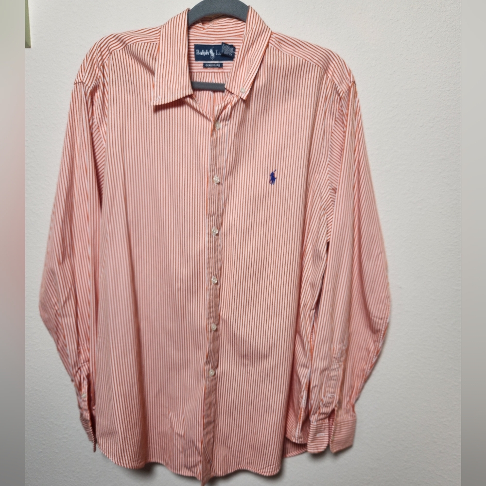 Ralph‎ Lauren Classic Fit Orange White Stripe Long Sleeve Button Down Logo Large
